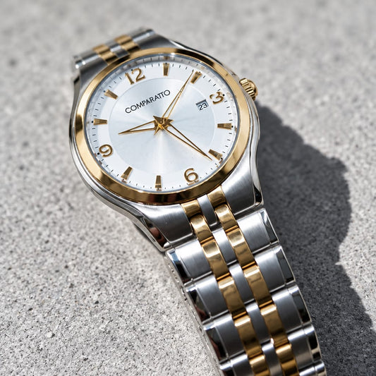 Relógio Masculino Comparatto Analógico Bicolor Prata e Dourado com Mostrador Branco