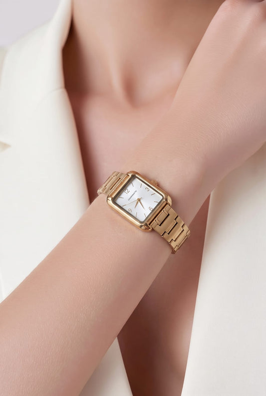 Relógio Feminino Analógico Retangular Dourado com Pulseira Metálica e Mostrador Branco