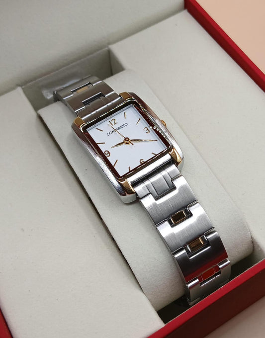 Relógio Feminino Comparatto Analógico Retangular Bicolor Prata e Dourado com Mostrador Branco
