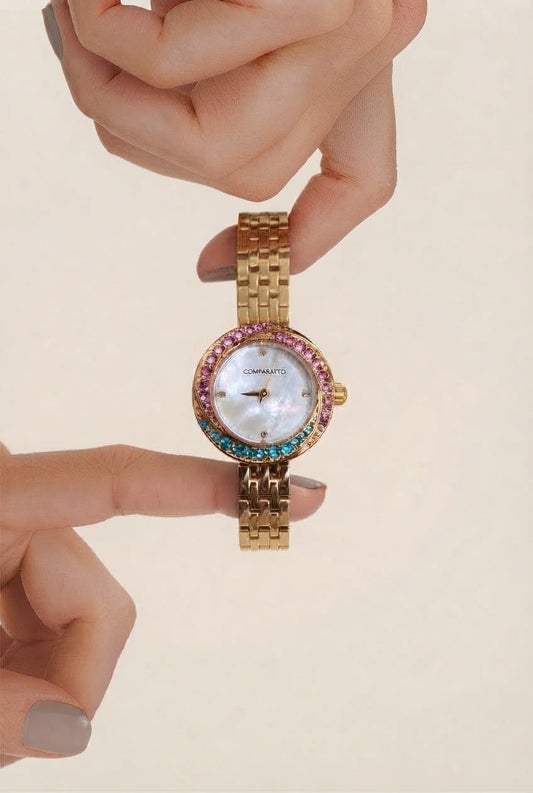 Relógio Feminino Comparatto Dourado com Pedras Coloridas e Mostrador Perolado