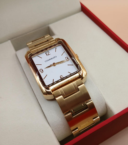 Relógio Feminino Analógico Retangular Dourado com Pulseira Metálica e Mostrador Branco