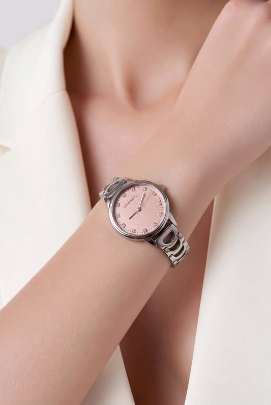 Relógio Feminino Comparatto Analógico Prata com Mostrador Rosa e Pulseira Metálica