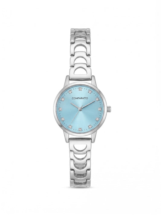 Relógio Feminino Comparatto Analógico Prata com Mostrador Azul Claro e Pulseira Metálica de Elos