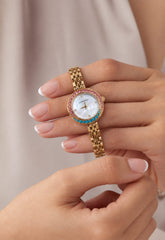 Relógio Feminino Comparatto Dourado com Pedras Coloridas e Mostrador Perolado