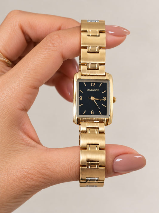 Relógio Feminino Comparatto Analógico Retangular Dourado com Mostrador Preto